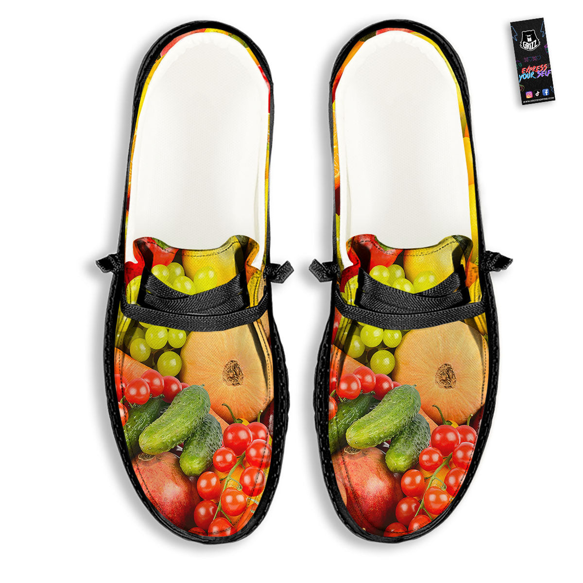 Vegetables And Fresh Fruits Print Black Loafers-grizzshop