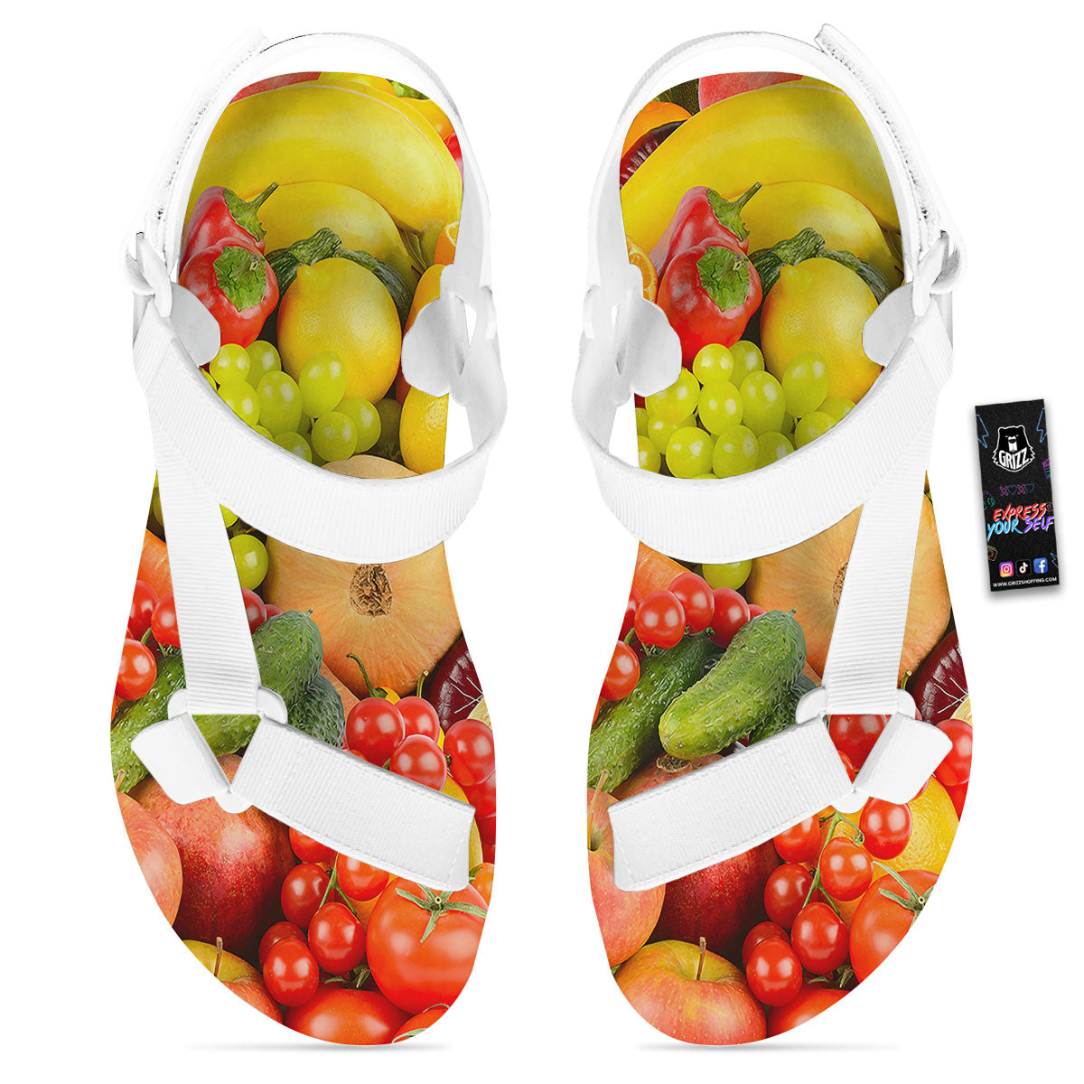 Vegetables And Fresh Fruits Print White Open Toe Sandals-grizzshop