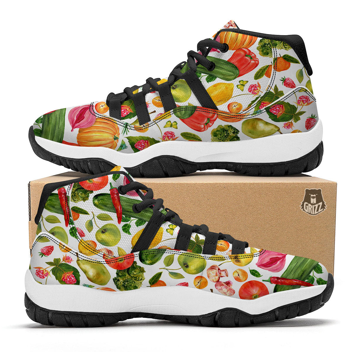 Vegetables And Vegan Fruits Print Pattern Black Bball Shoes-grizzshop