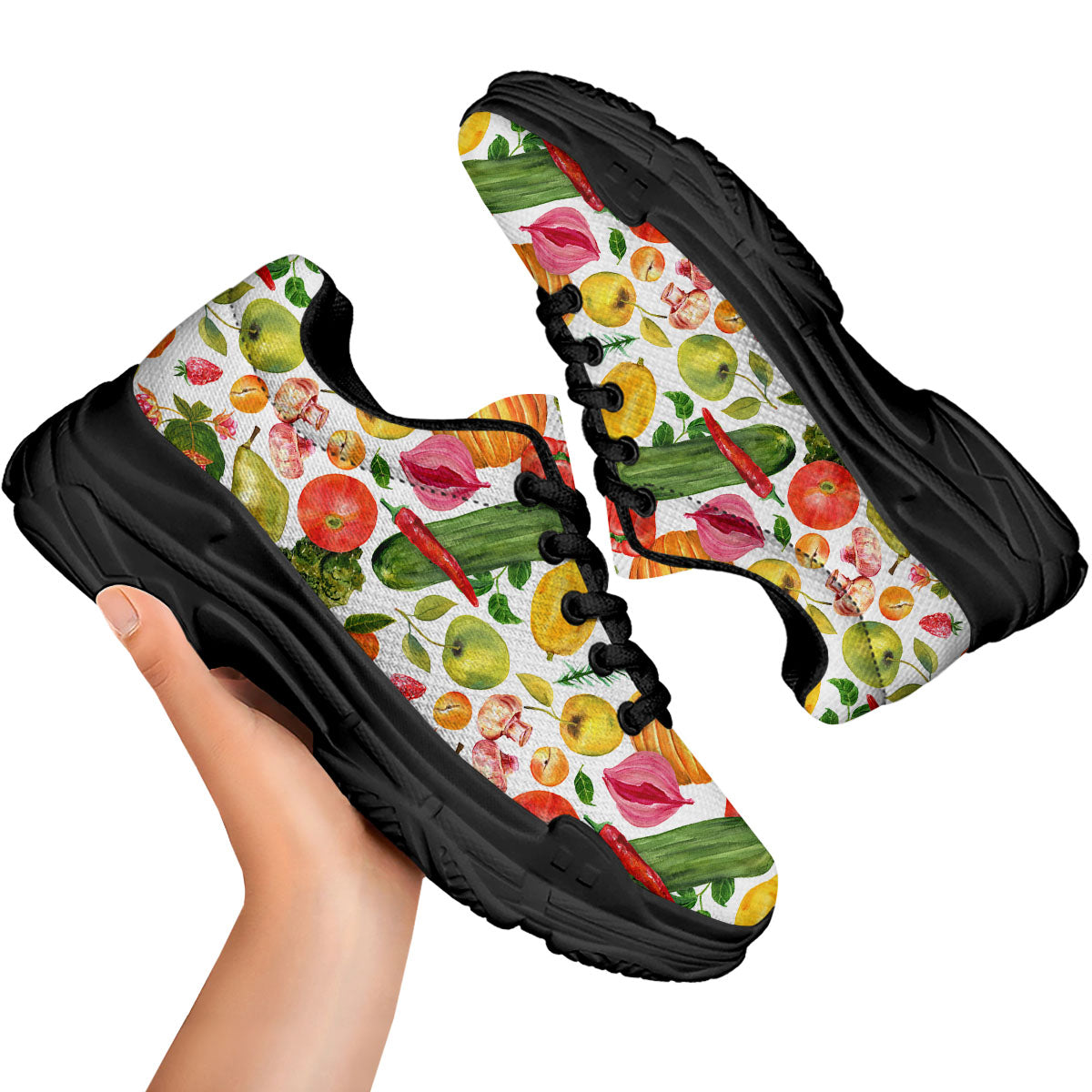 Vegetables And Vegan Fruits Print Pattern Black Chunky Shoes-grizzshop