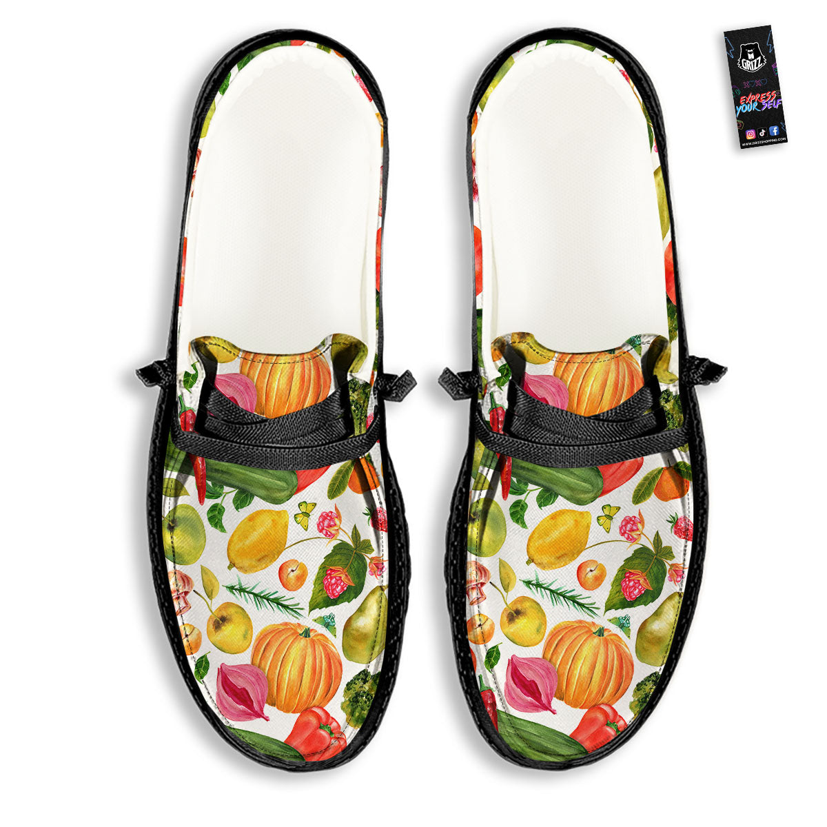 Vegetables And Vegan Fruits Print Pattern Black Loafers-grizzshop
