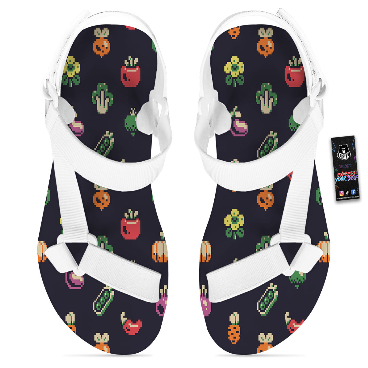 Vegetables Pixel Print Pattern White Open Toe Sandals-grizzshop