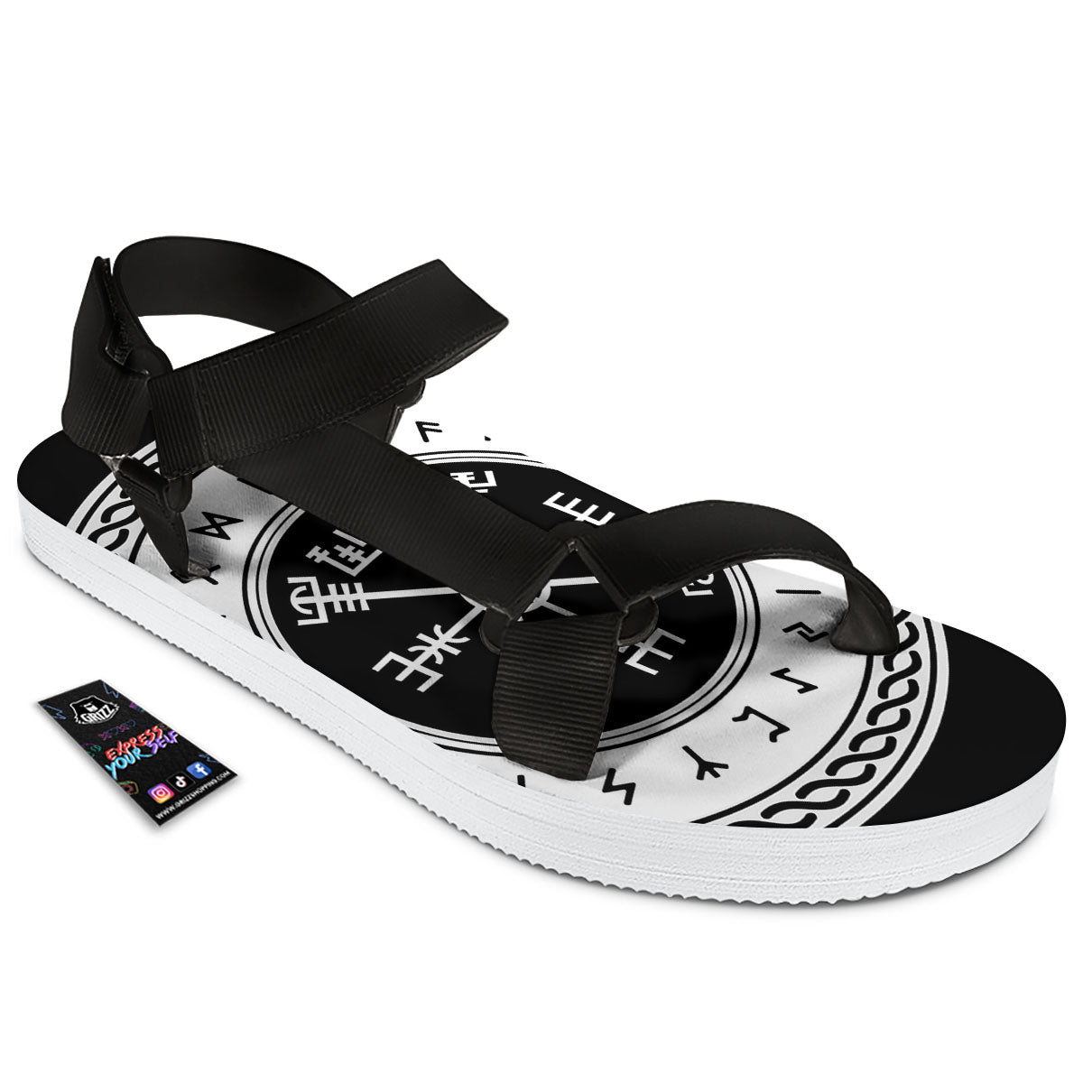 Vegvisir Viking Print Black Open Toe Sandals-grizzshop