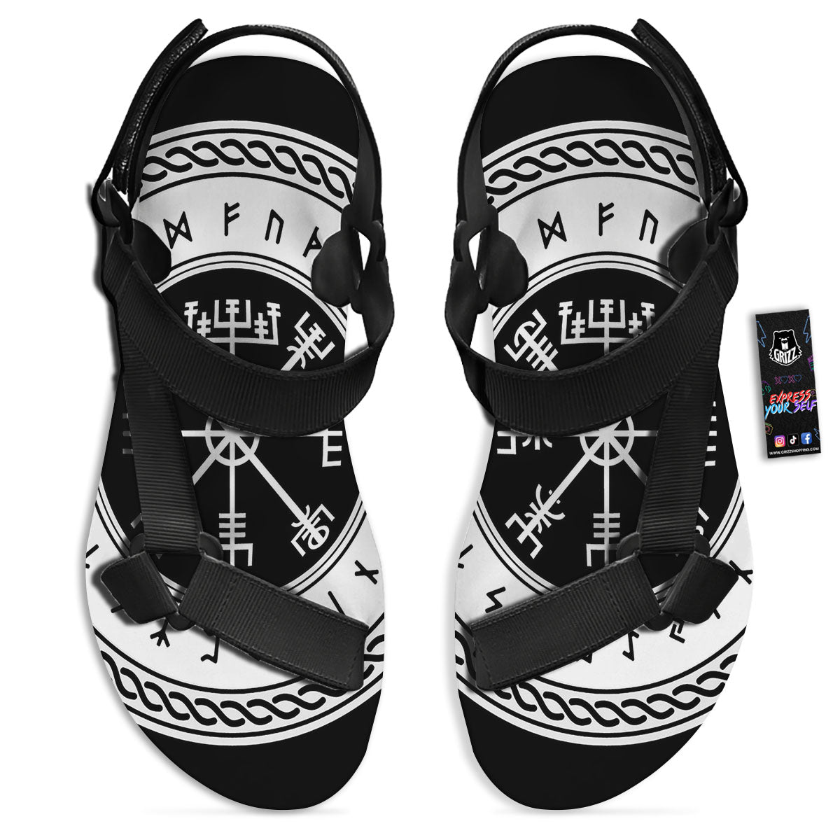 Vegvisir Viking Print Black Open Toe Sandals-grizzshop