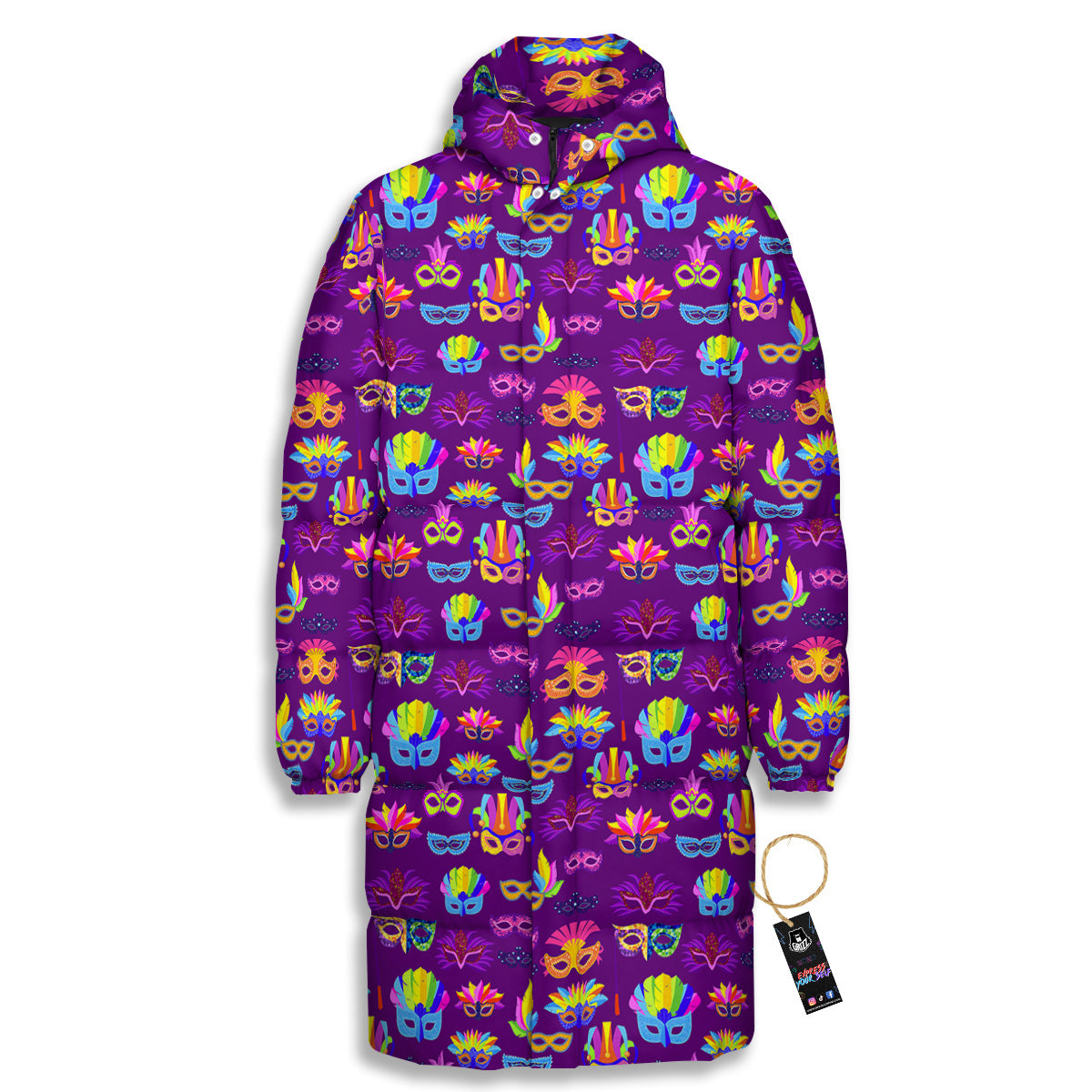 Venice Carnival Mask Print Pattern Long Down Jacket-grizzshop