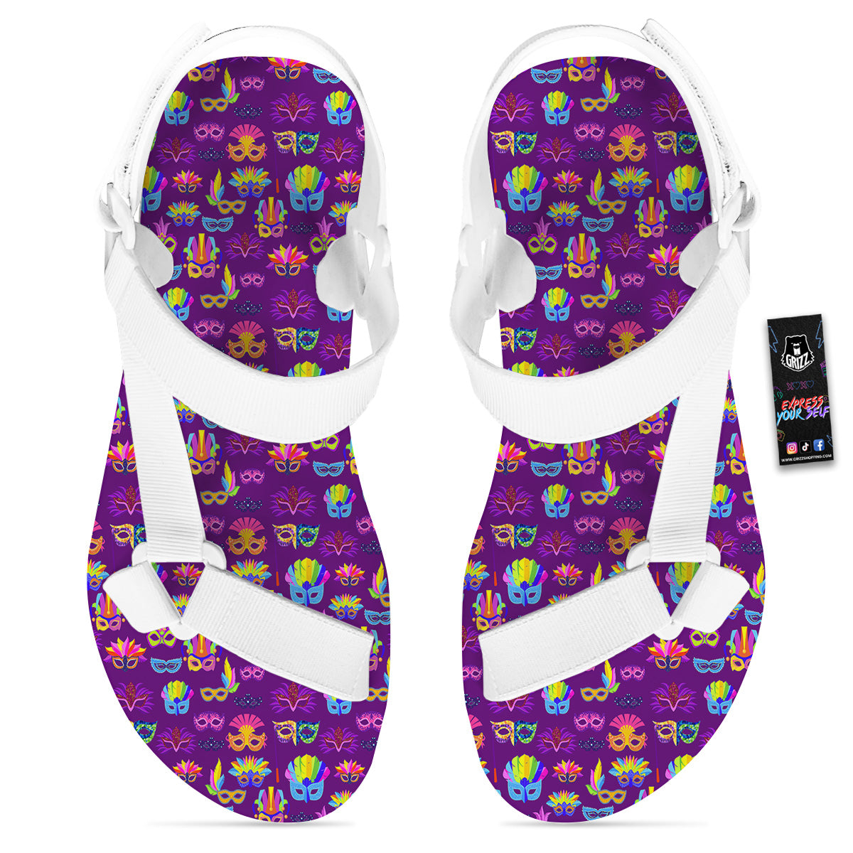 Venice Carnival Mask Print Pattern White Open Toe Sandals-grizzshop