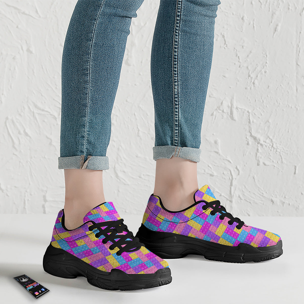 Video Game Colorful Block Puzzle Print Black Chunky Shoes-grizzshop