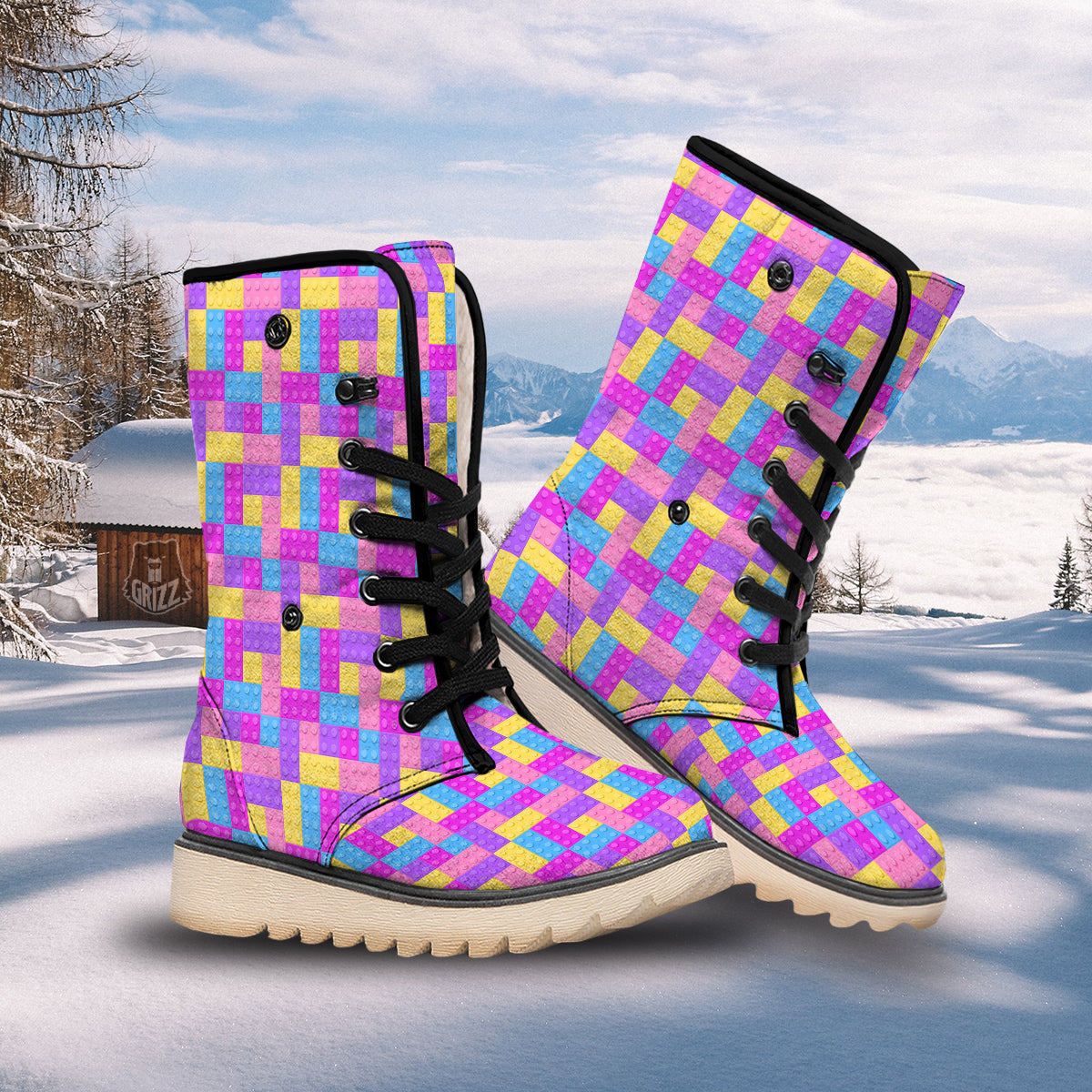 Video Game Colorful Block Puzzle Print Snow Boots-grizzshop