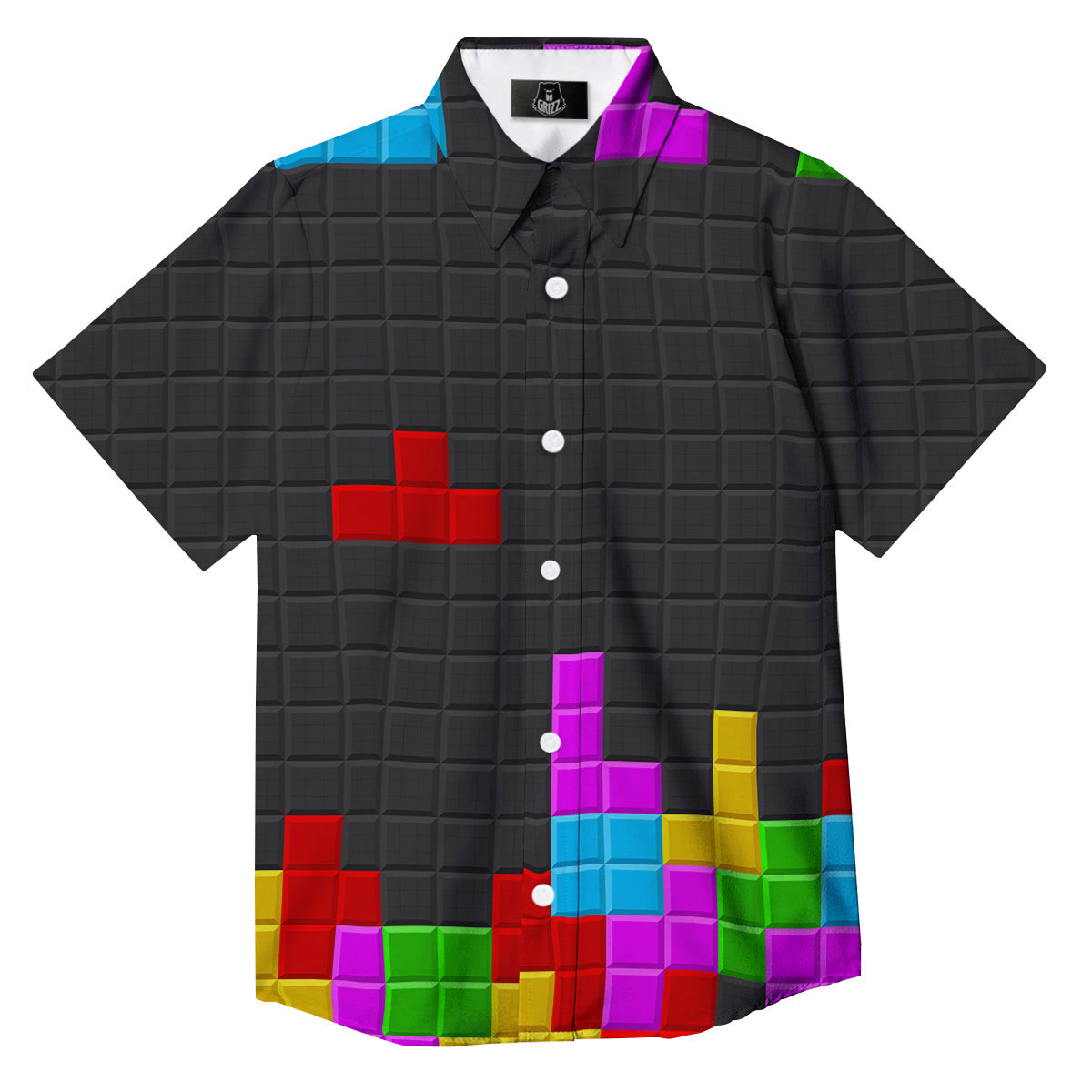 Video Game Colorful Brick Puzzle Print Button Up Shirt-grizzshop