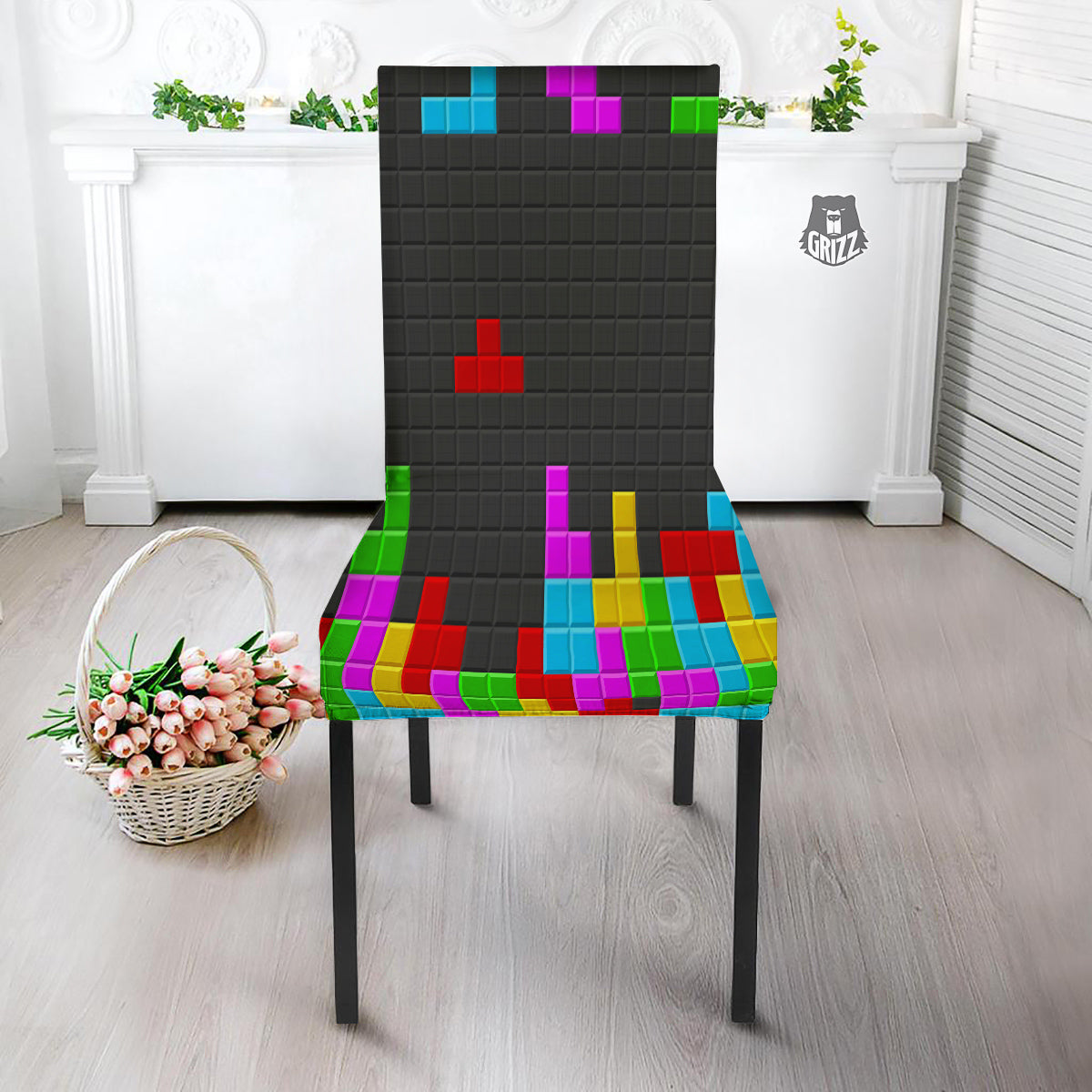 Video Game Colorful Brick Puzzle Print Dining Chair Slipcover-grizzshop