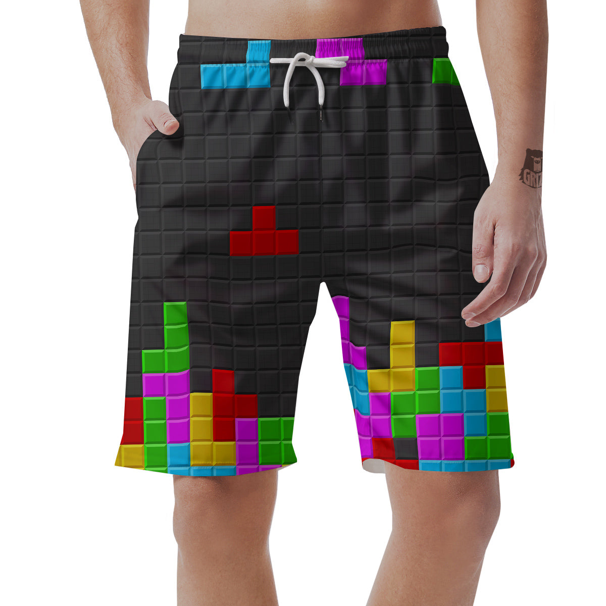 Video Game Colorful Brick Puzzle Print Men's Shorts-grizzshop