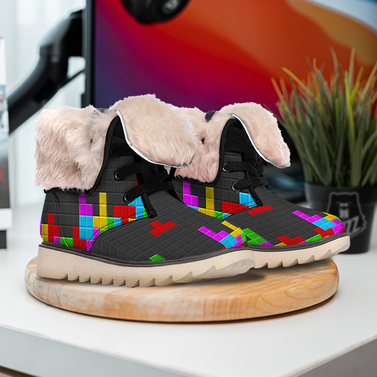 Video Game Colorful Brick Puzzle Print Snow Boots-grizzshop
