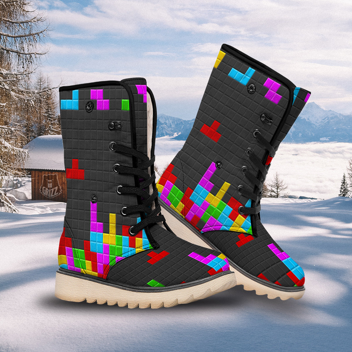 Video Game Colorful Brick Puzzle Print Snow Boots-grizzshop