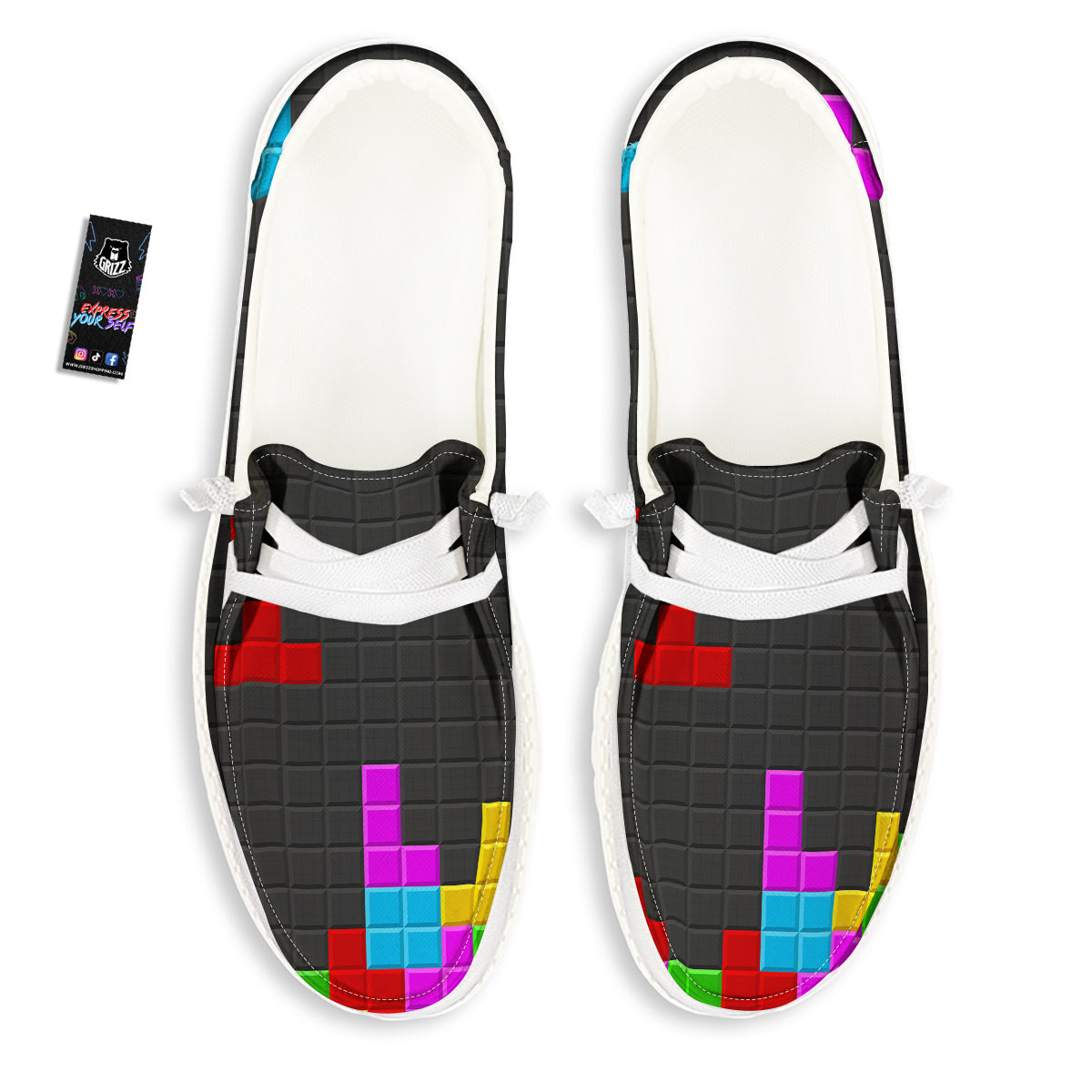 Video Game Colorful Brick Puzzle Print White Loafers-grizzshop