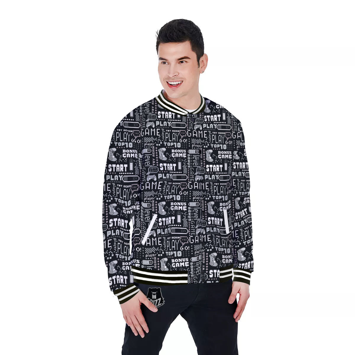 Video Game White And Black Print Pattern Baseball Jacket-grizzshop