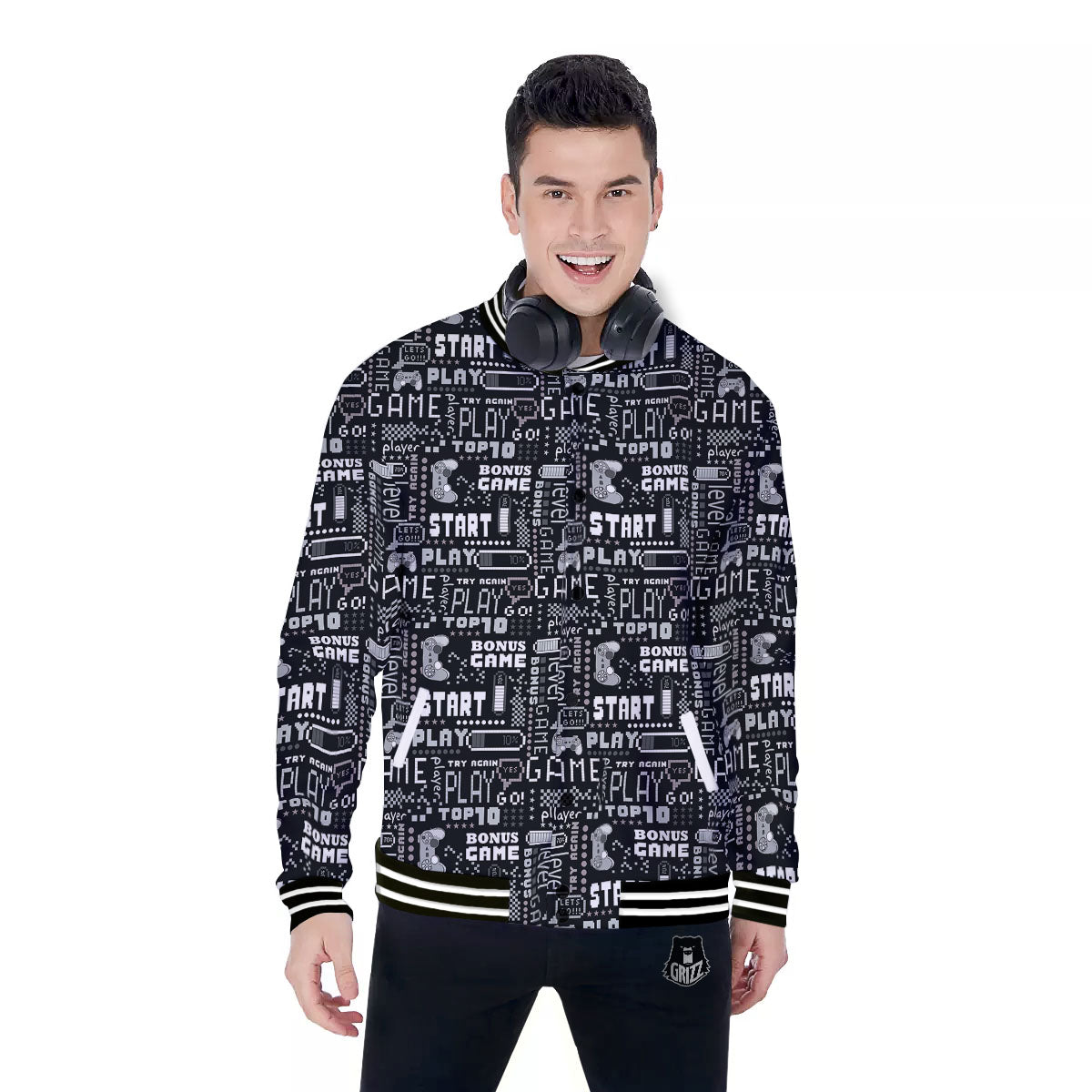 Video Game White And Black Print Pattern Baseball Jacket-grizzshop