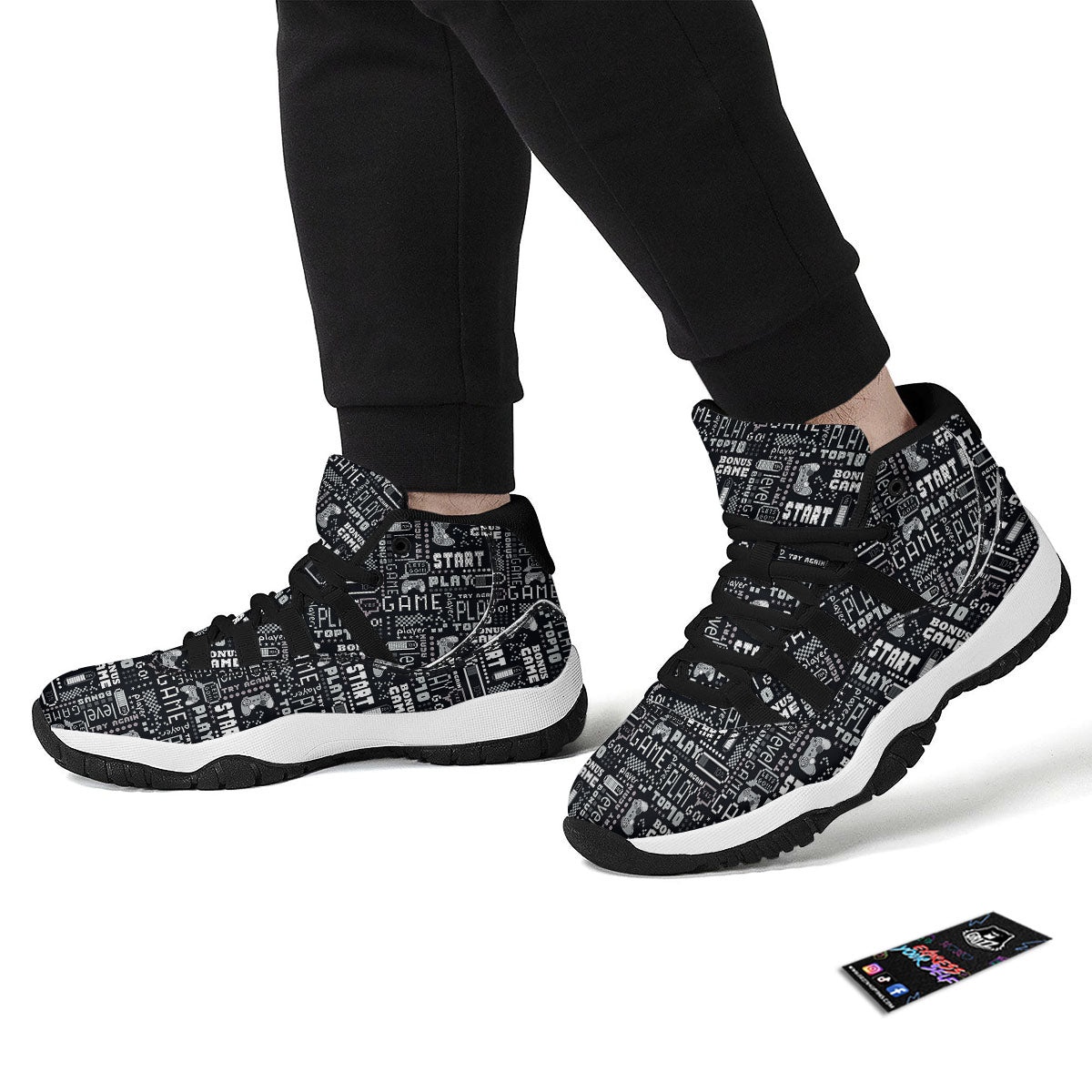 Video Game White And Black Print Pattern Black Bball Shoes-grizzshop