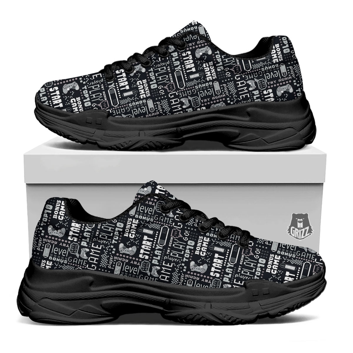 Video Game White And Black Print Pattern Black Chunky Shoes-grizzshop