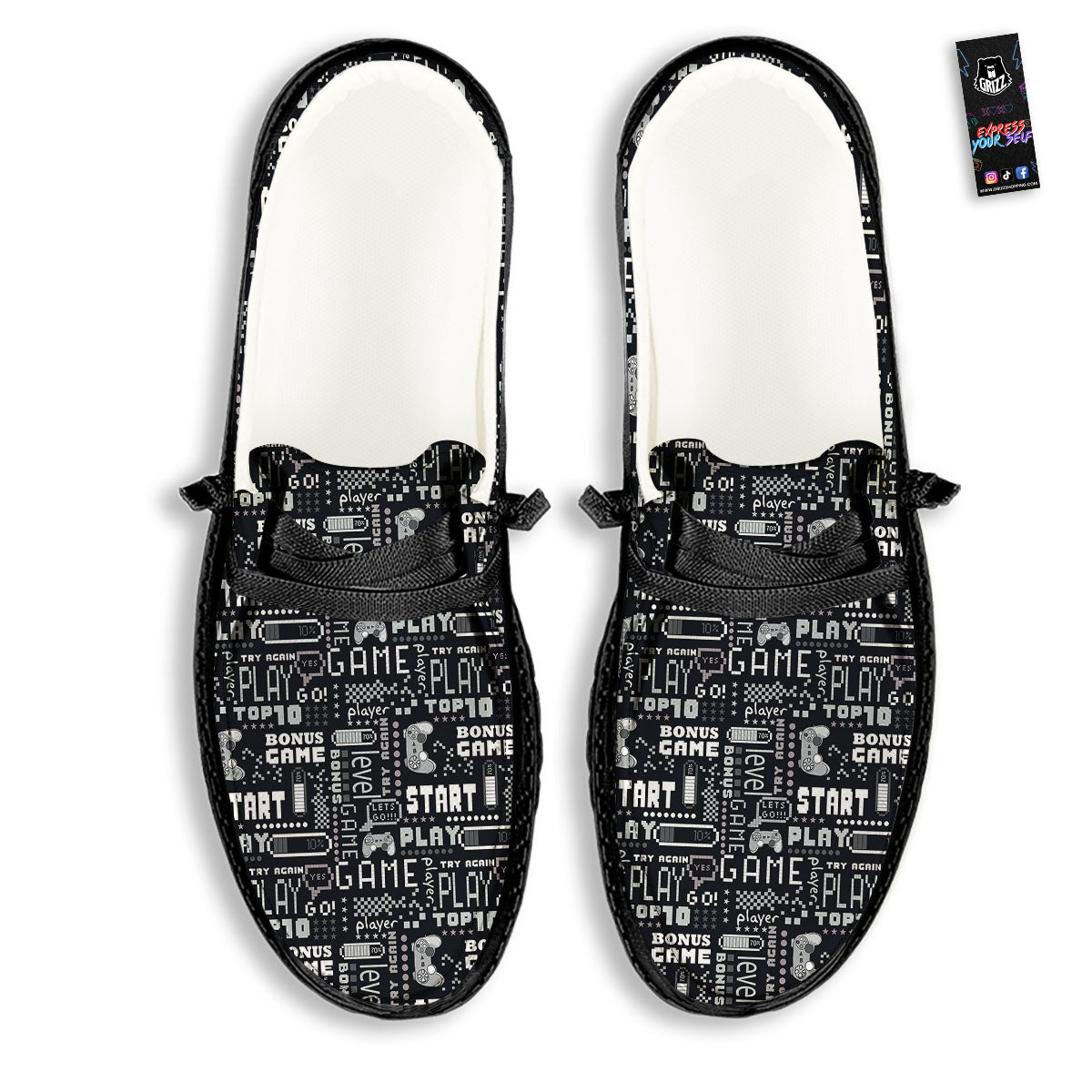 Video Game White And Black Print Pattern Black Loafers-grizzshop