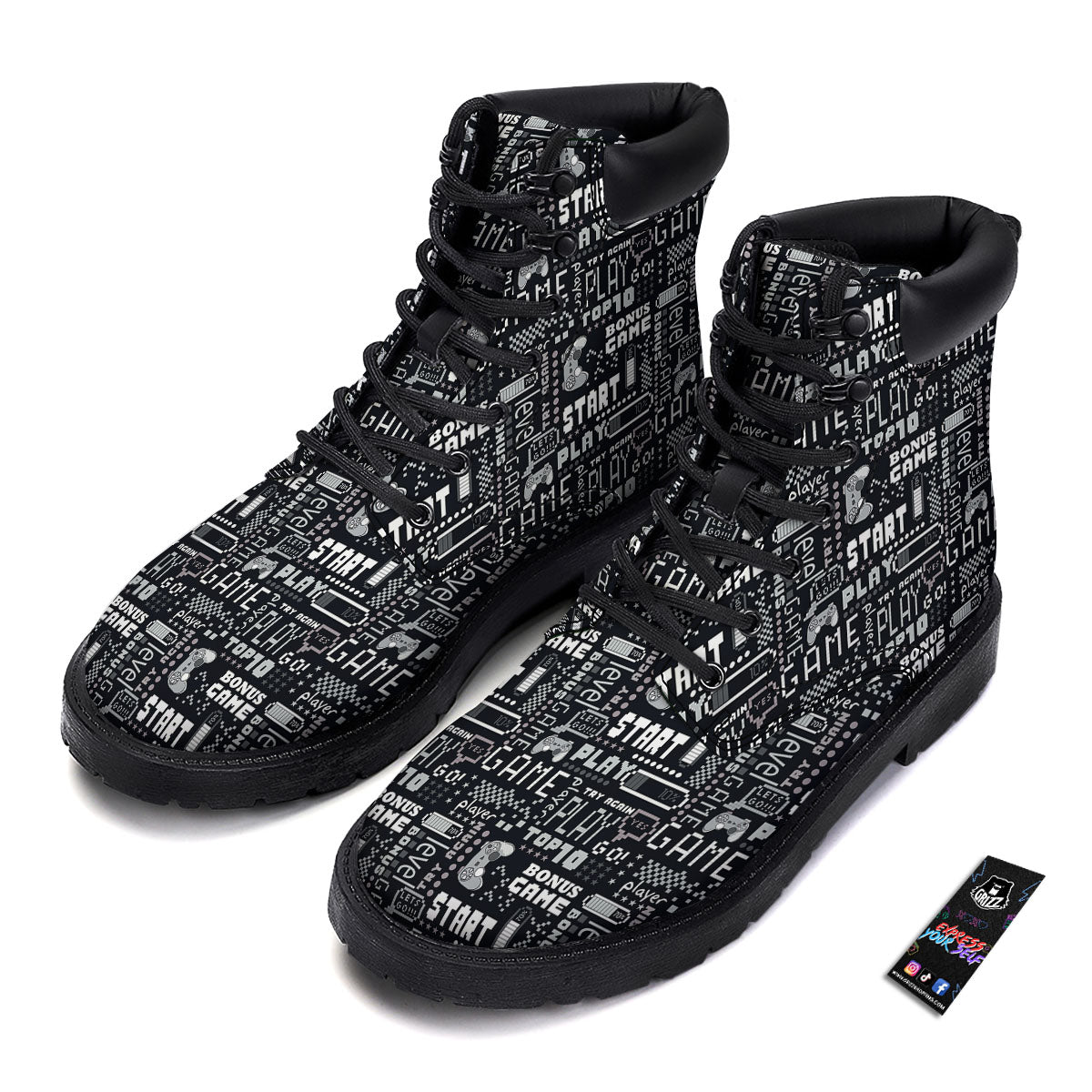 Video Game White And Black Print Pattern Boots-grizzshop