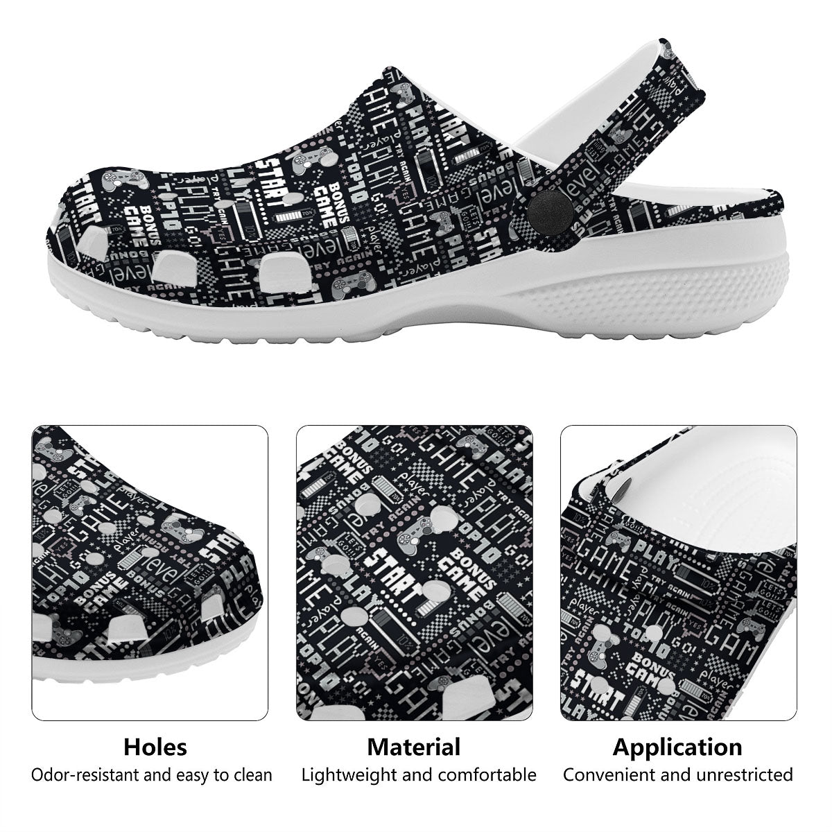 Video Game White And Black Print Pattern Clog-grizzshop