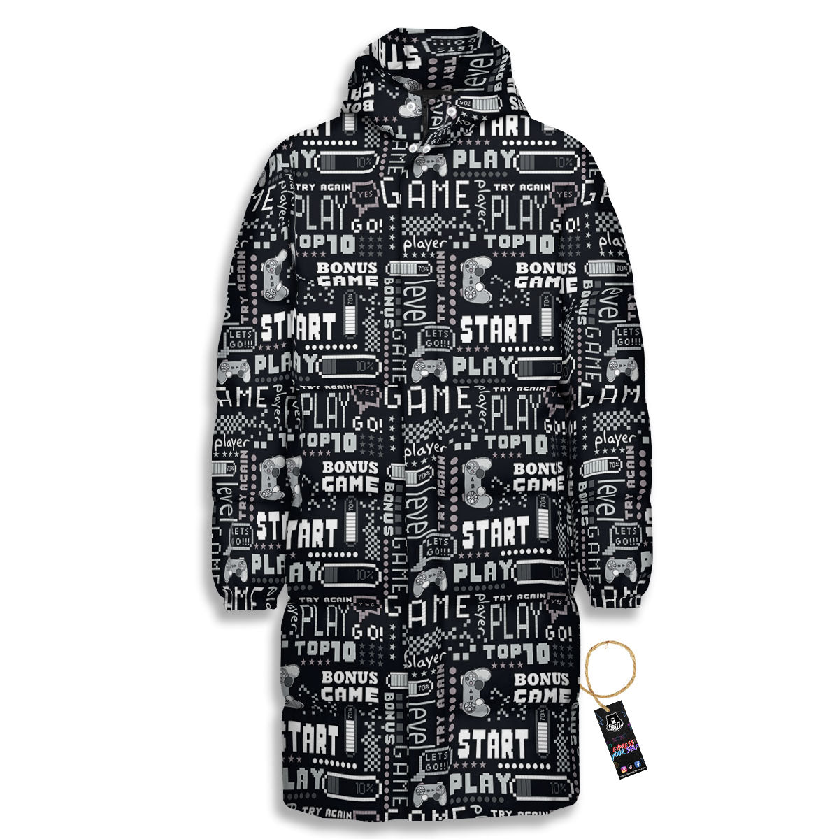 Video Game White And Black Print Pattern Long Down Jacket-grizzshop