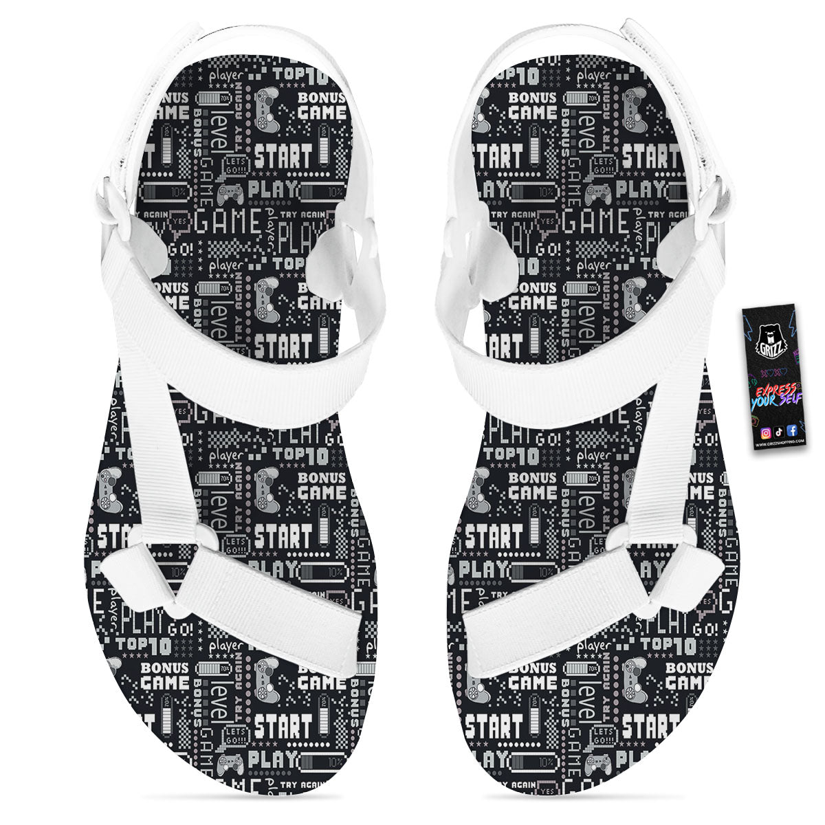 Video Game White And Black Print Pattern White Open Toe Sandals-grizzshop