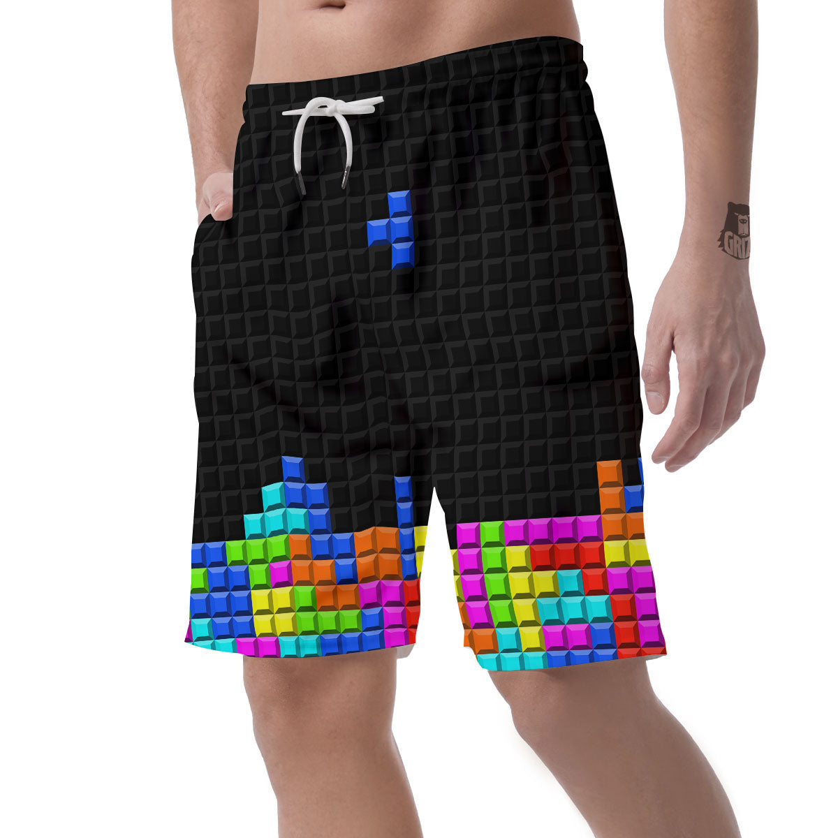 Video Game White Brick Puzzle Print Men's Shorts-grizzshop