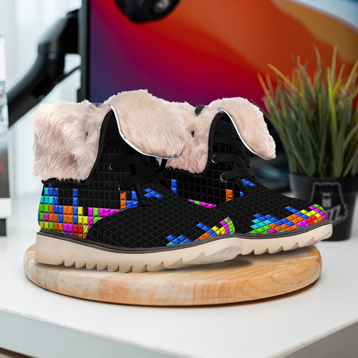 Video Game White Brick Puzzle Print Snow Boots-grizzshop