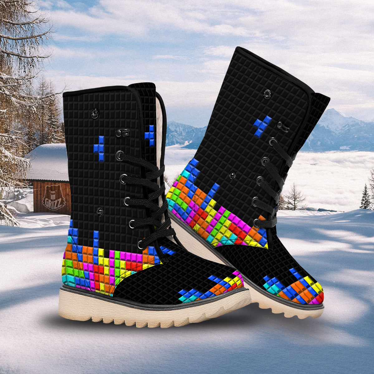 Video Game White Brick Puzzle Print Snow Boots-grizzshop