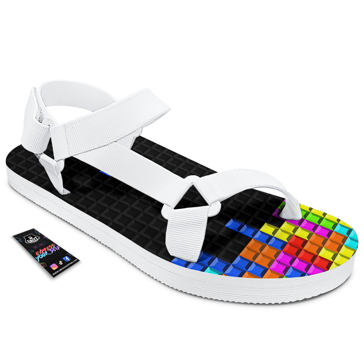 Video Game White Brick Puzzle Print White Open Toe Sandals-grizzshop