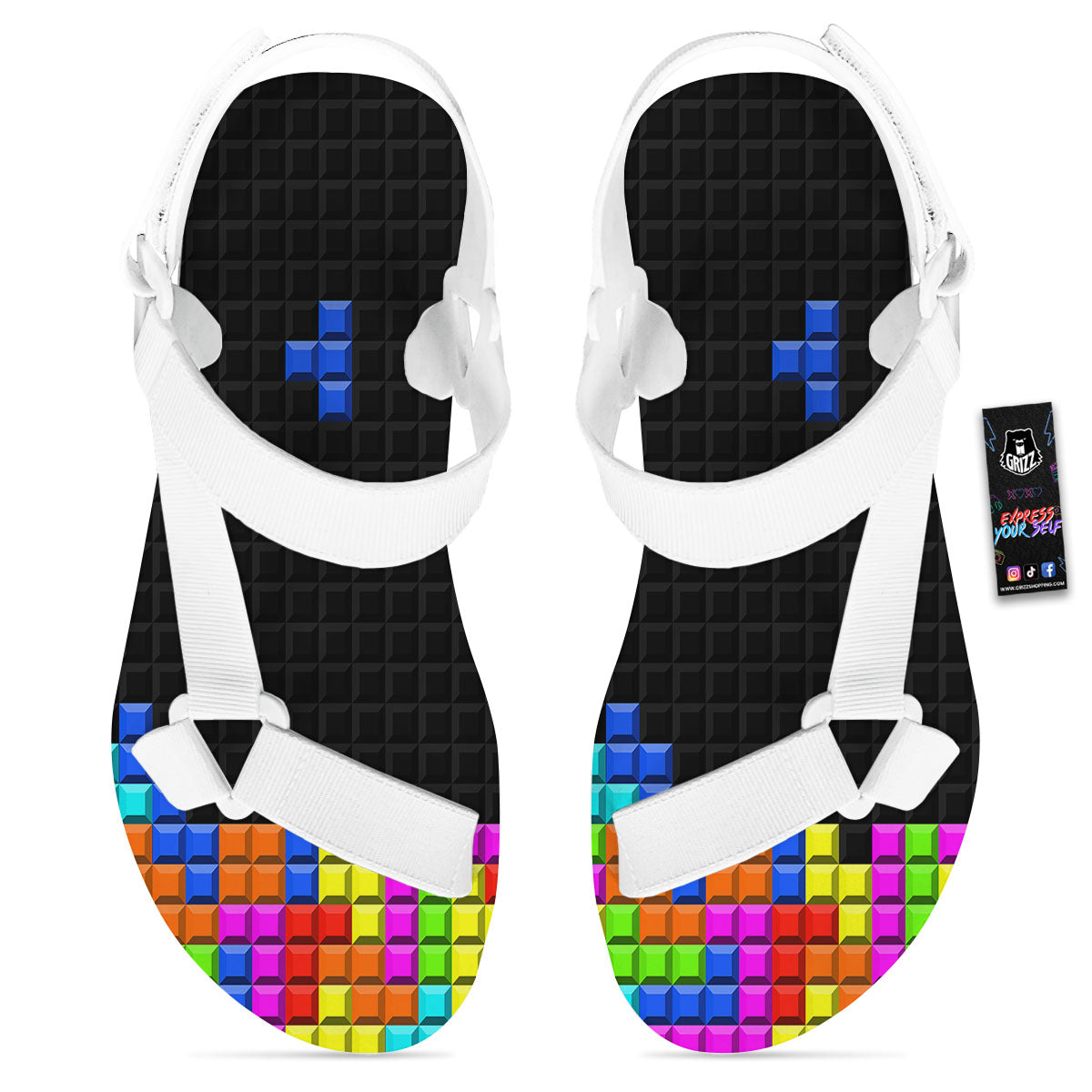 Video Game White Brick Puzzle Print White Open Toe Sandals-grizzshop
