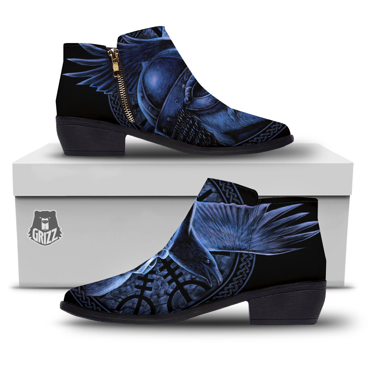 Viking God Odin And Crow Blue Print Ankle Boots-grizzshop
