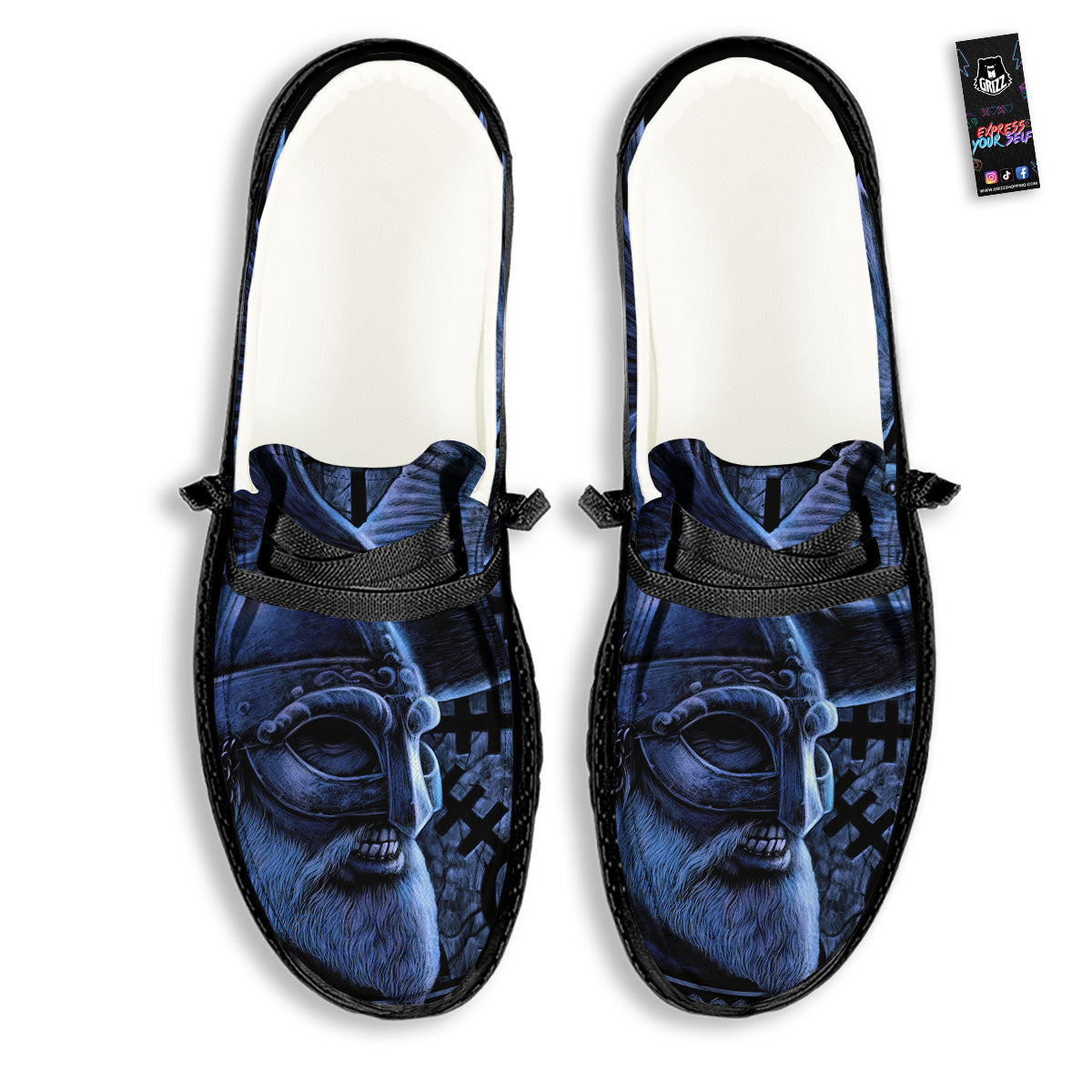 Viking God Odin And Crow Blue Print Black Loafers-grizzshop