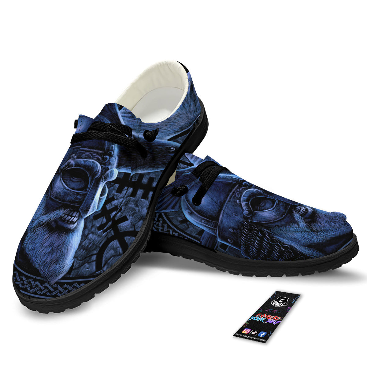 Viking God Odin And Crow Blue Print Black Loafers-grizzshop