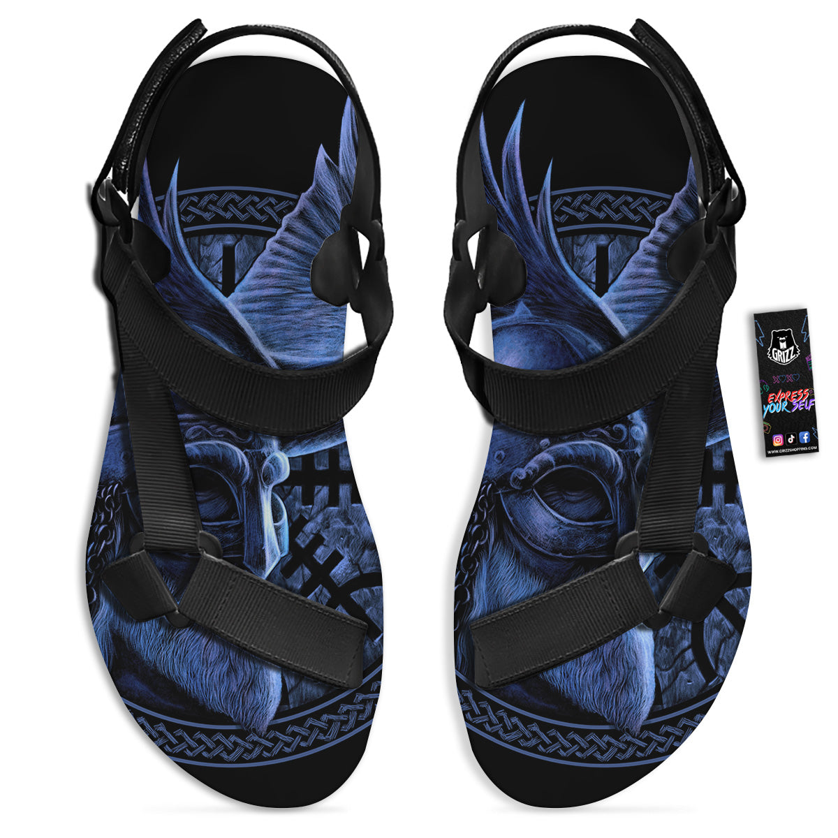 Viking God Odin And Crow Blue Print Black Open Toe Sandals-grizzshop