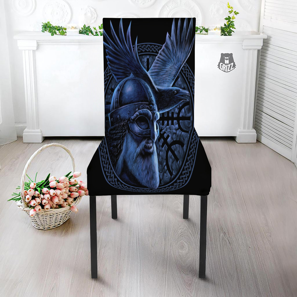 Viking God Odin And Crow Blue Print Dining Chair Slipcover-grizzshop