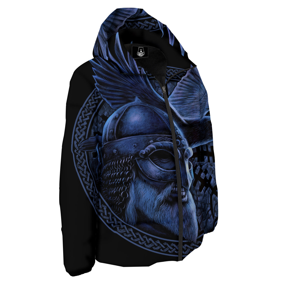 Viking God Odin And Crow Blue Print Down Jacket-grizzshop