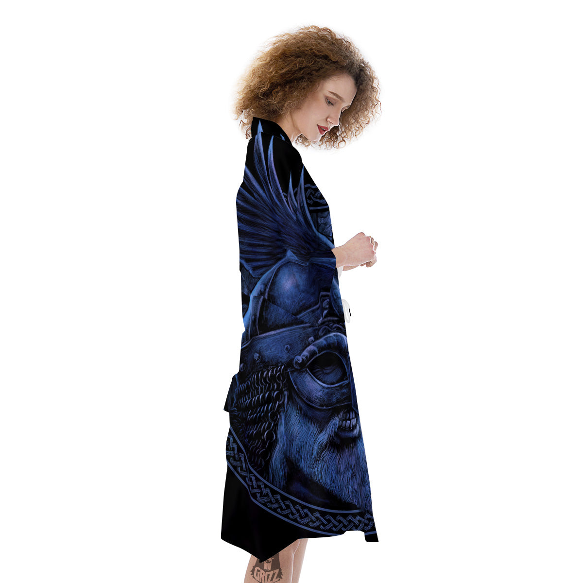 Viking God Odin And Crow Blue Print Kimono-grizzshop