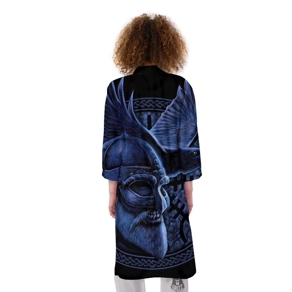 Viking God Odin And Crow Blue Print Kimono-grizzshop