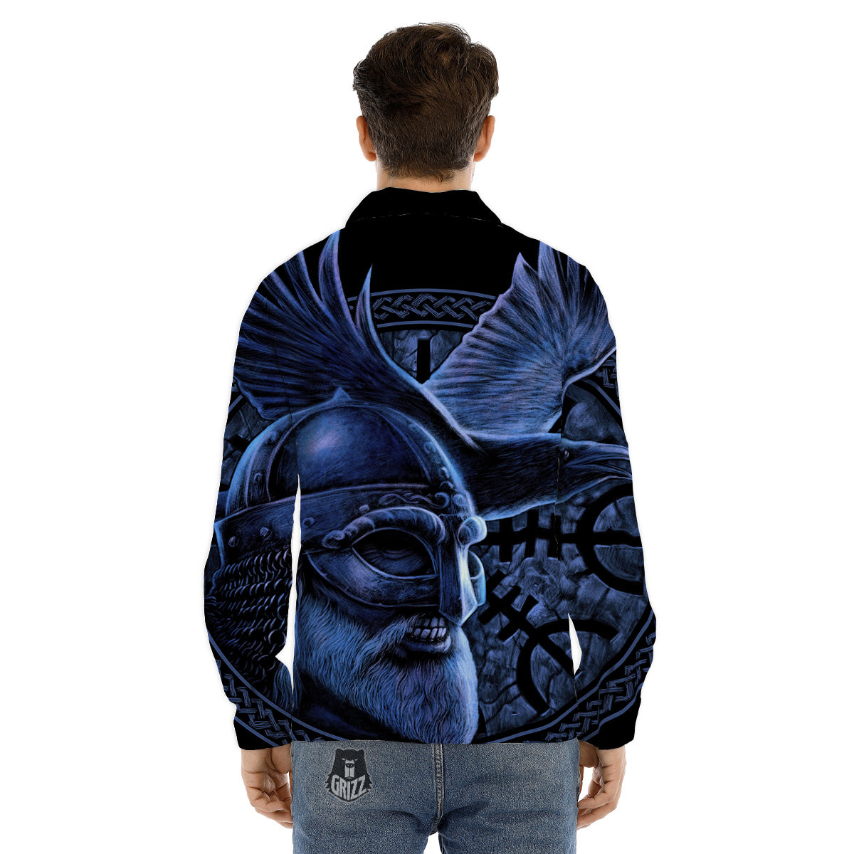 Viking God Odin And Crow Blue Print Men's Dress Shirts-grizzshop