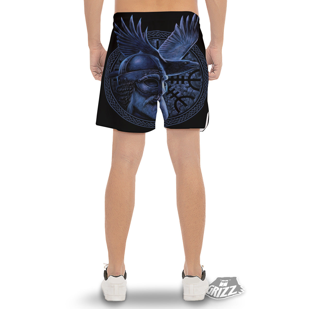 Viking God Odin And Crow Blue Print Men's Gym Shorts-grizzshop