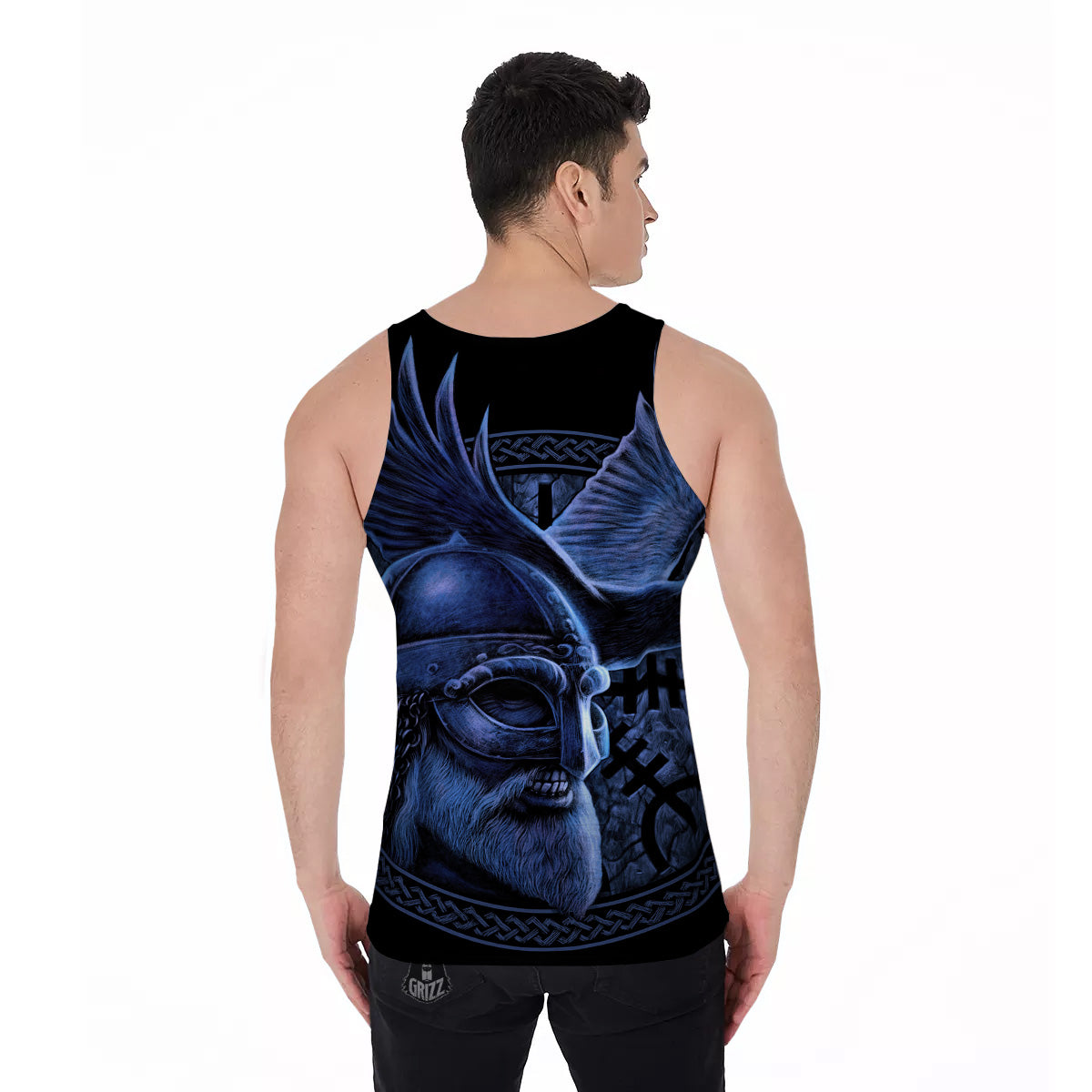 Viking God Odin And Crow Blue Print Men's Tank Top-grizzshop