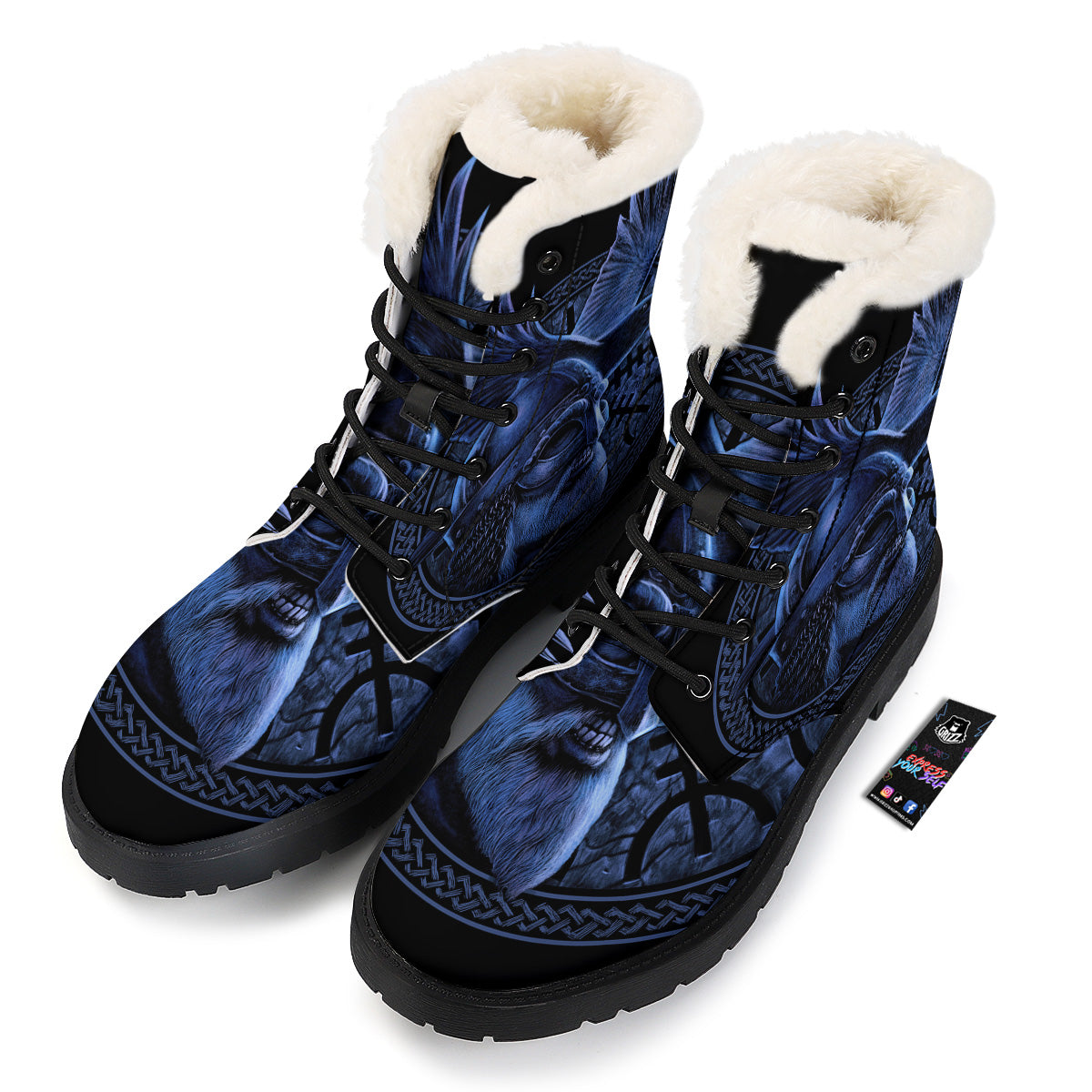 Viking God Odin And Crow Blue Print Winter Boots-grizzshop