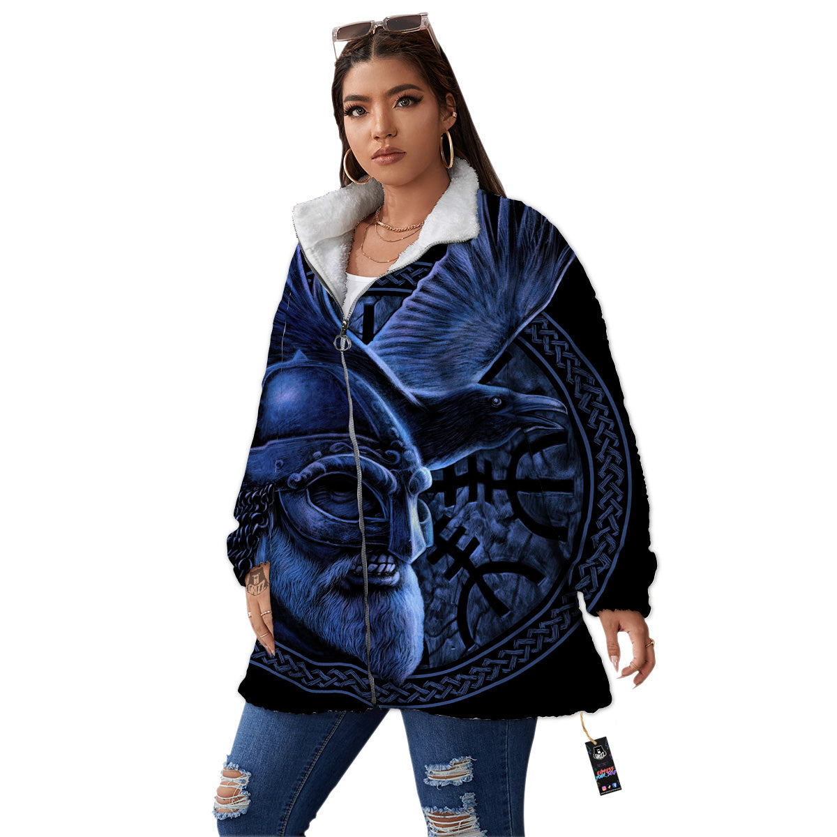 Viking God Odin And Crow Blue Print Women's Sherpa Jacket-grizzshop