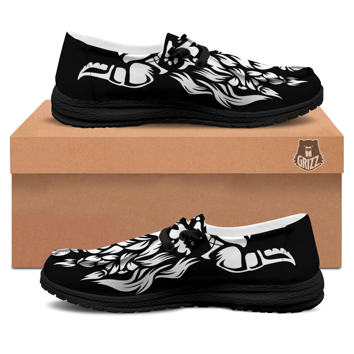 Viking God Odin White And Black Print Black Loafers-grizzshop