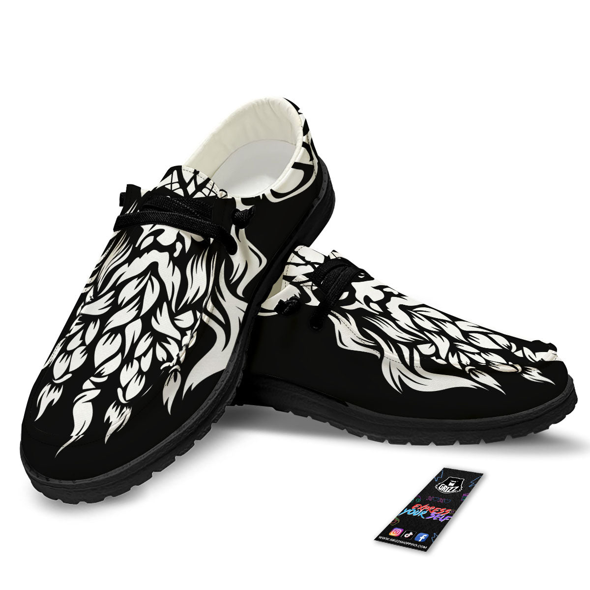 Viking God Odin White And Black Print Black Loafers-grizzshop