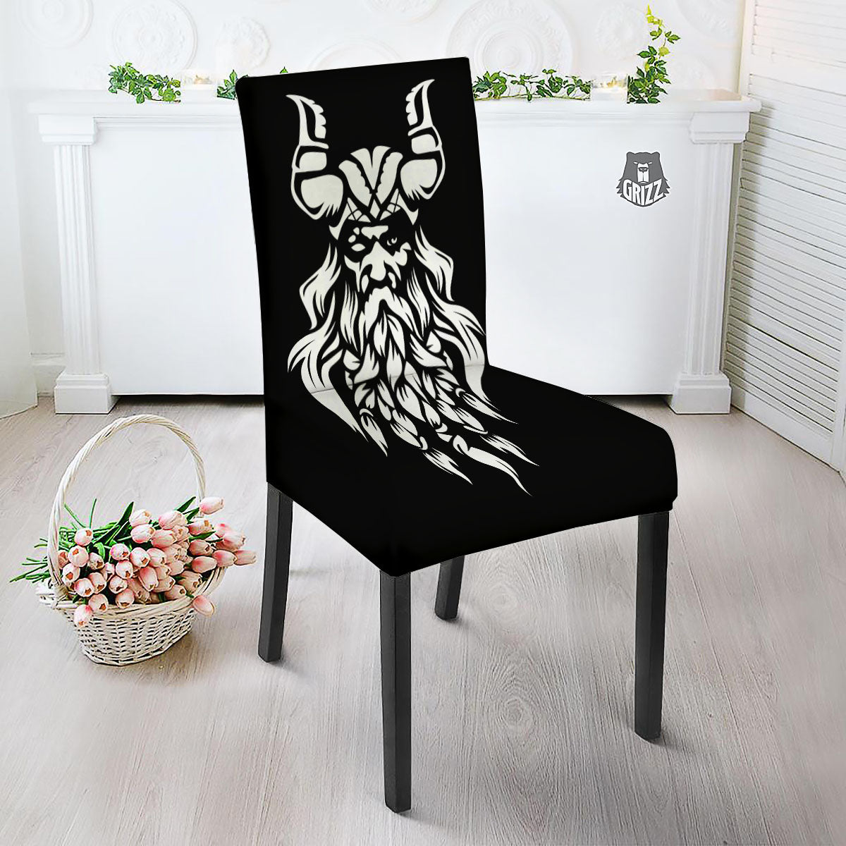 Viking God Odin White And Black Print Dining Chair Slipcover-grizzshop