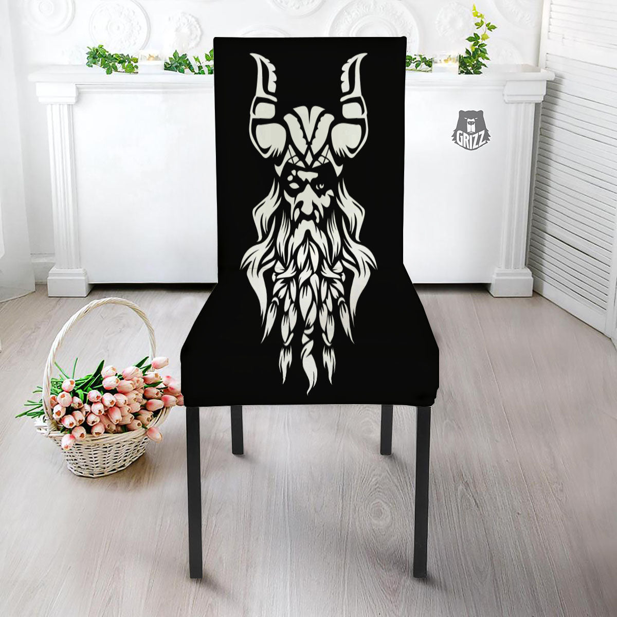 Viking God Odin White And Black Print Dining Chair Slipcover-grizzshop