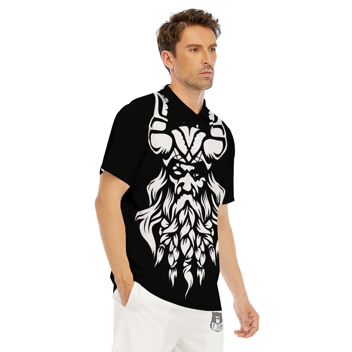 Viking God Odin White And Black Print Men's Golf Shirts-grizzshop